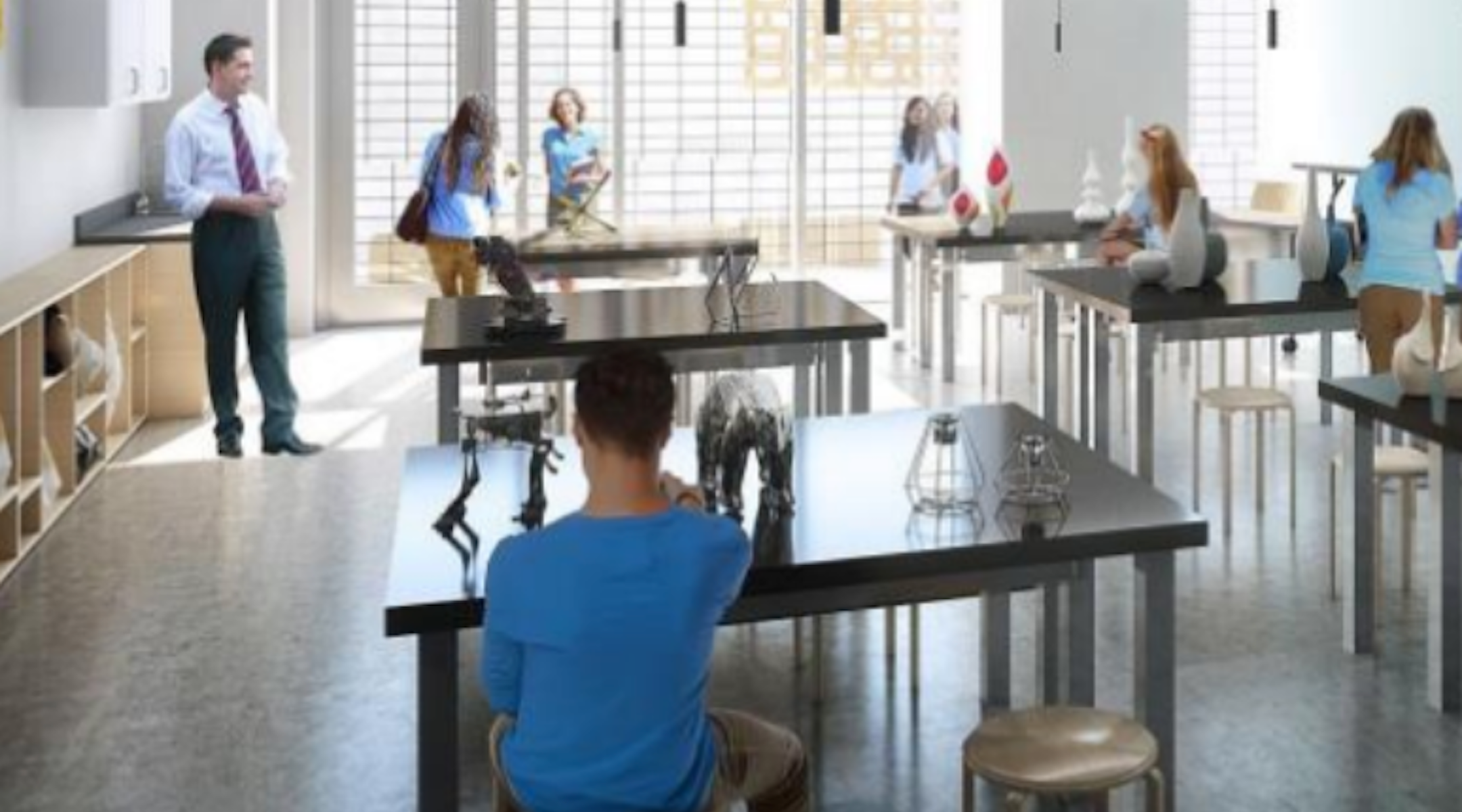 Élèves et enseignant dans une salle de classe du nouveau lycée juif.
