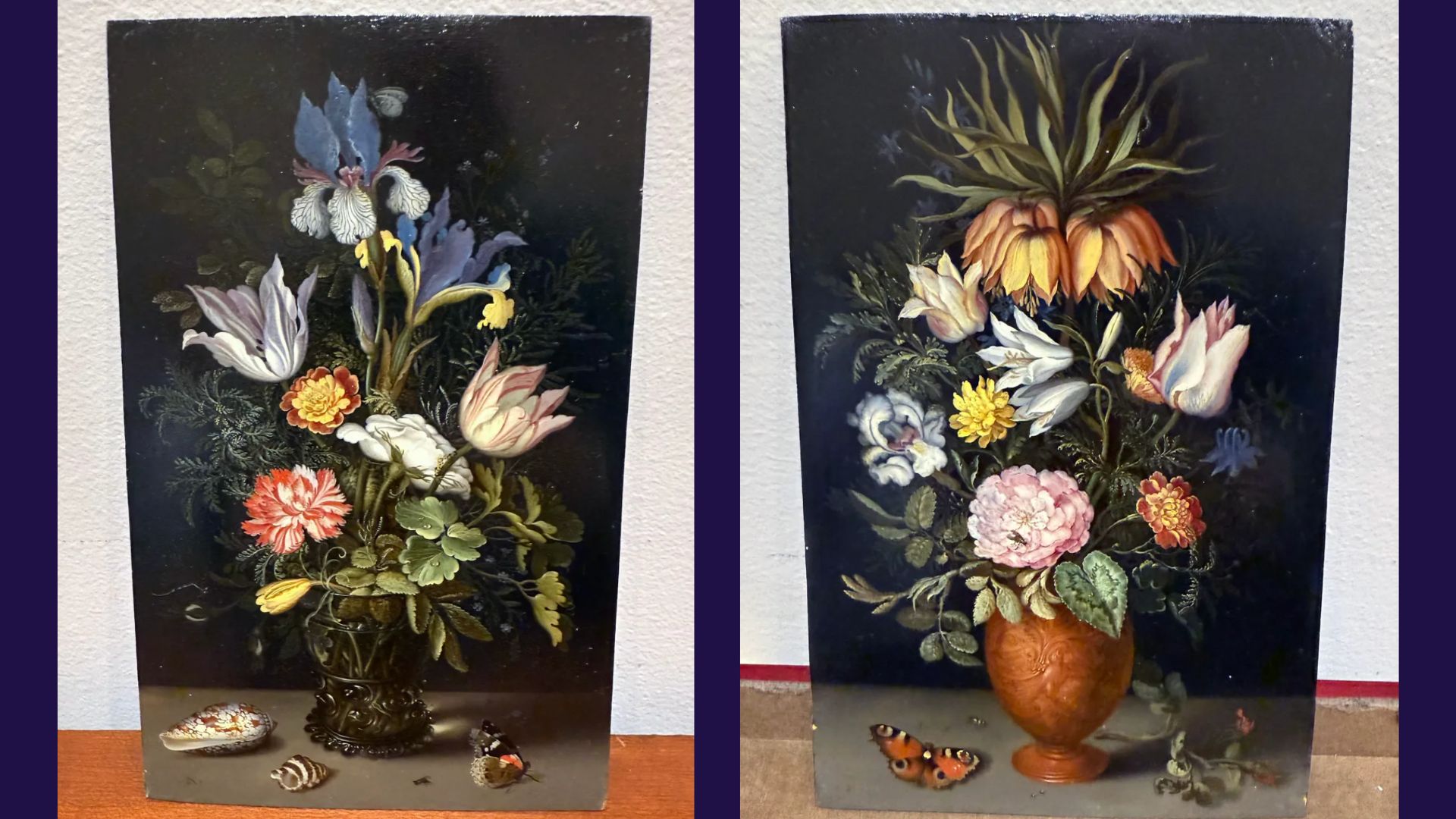 Two floral oil paintings on copper plates.