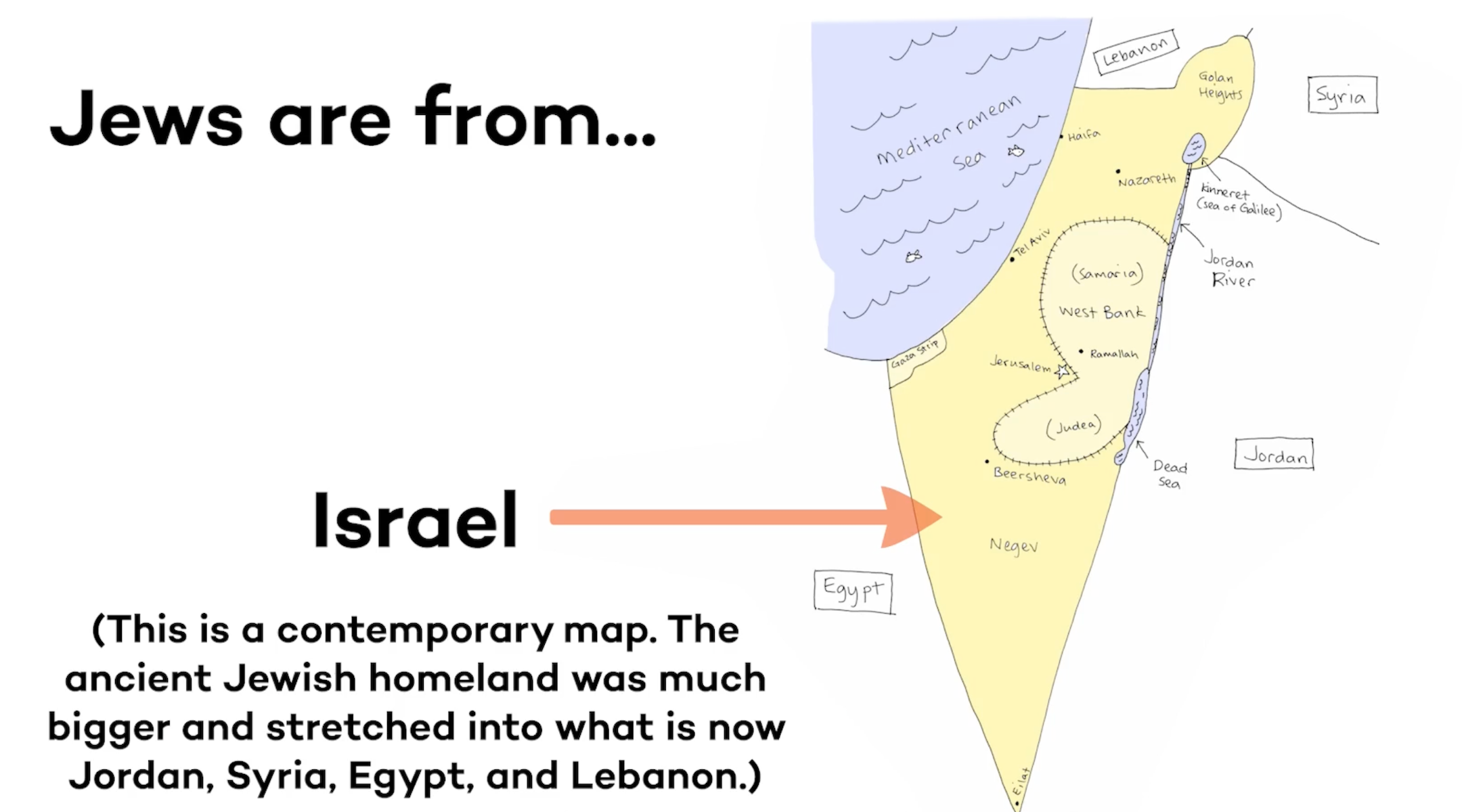 Une capture d'écran d'une diapositive avec une carte jaune d'Israël.