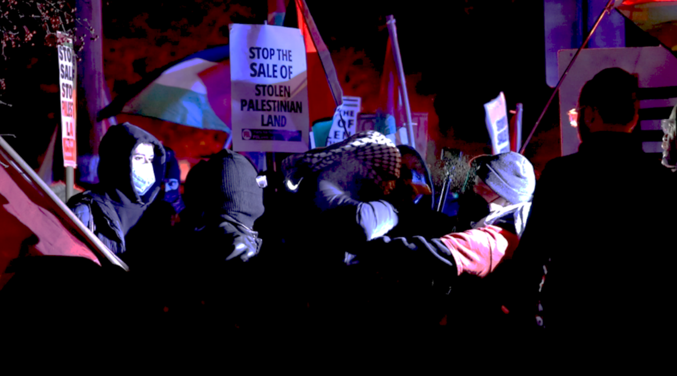 A photo of pro-Palestinian protests scuffling with counterprotesters.